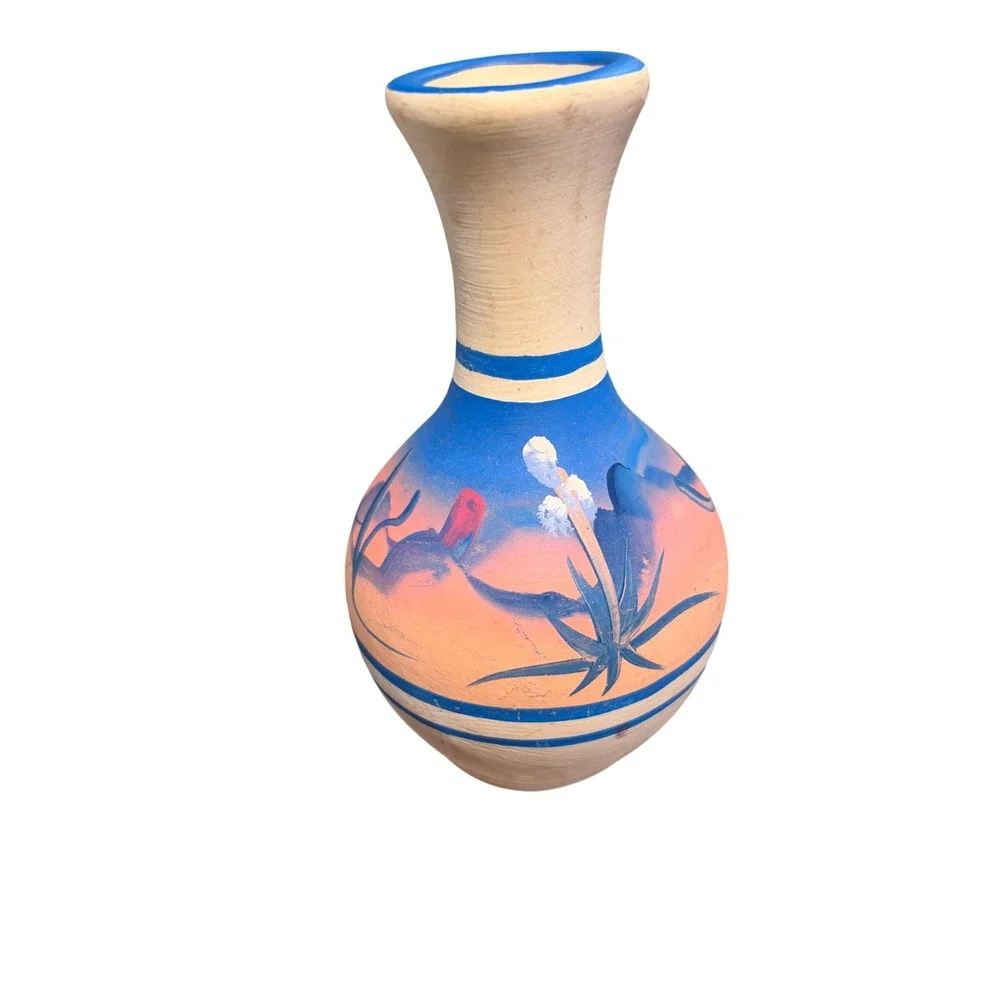 Hand Painted Southwestern Terracotta Vase Blue Peach Desert Landscape Cactus VTG